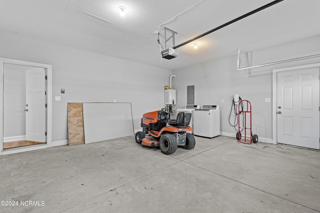 garage with a garage door opener, electric panel, washer and clothes dryer, and water heater