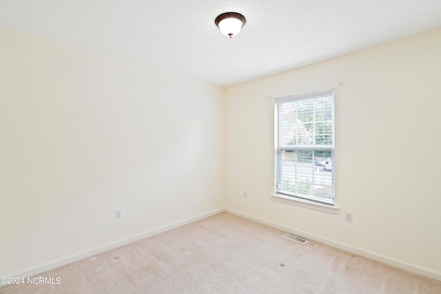 spare room featuring a textured ceiling and light colored carpet