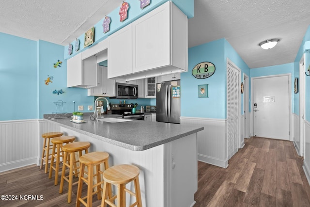 503 Pelican Ct Unit 503, Kure Beach, NC 28449 - kitchen featuring a textured ceiling, a sink, a wainscoted wall, stainless steel appliances, and a peninsula