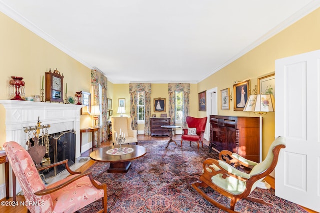 living room with crown molding