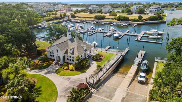 drone / aerial view with a water view