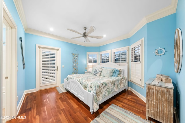 bedroom featuring ceiling fan, crown molding, and dark hardwood / wood-style flooring