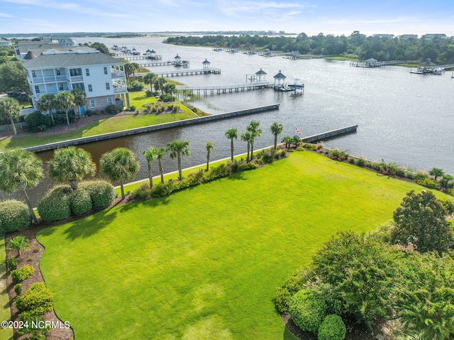 birds eye view of property featuring a water view