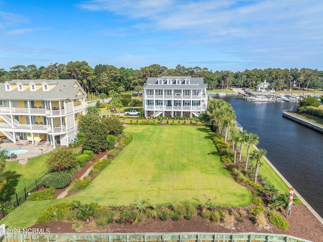 aerial view featuring a water view