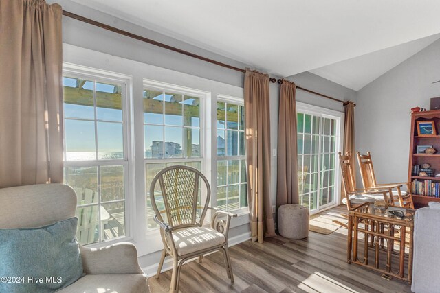 living room with plenty of natural light, light wood-type flooring, and vaulted ceiling