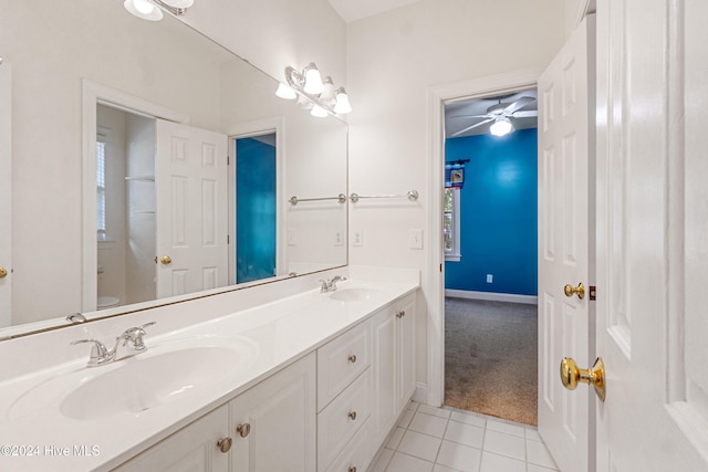 bathroom with tile patterned flooring, ceiling fan, toilet, and vanity