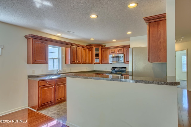 kitchen with kitchen peninsula, appliances with stainless steel finishes, a textured ceiling, sink, and light hardwood / wood-style flooring