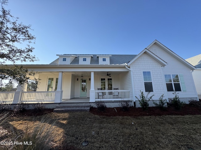 view of front of house featuring covered porch and a ceiling fan