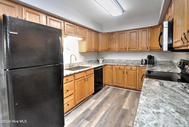 4746 Rail Ct SW, Shallotte, NC 28470 - kitchen featuring black appliances, light wood finished floors, and light stone counters