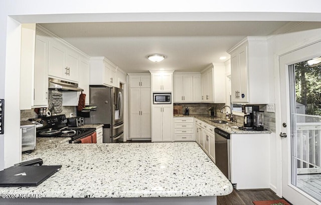 kitchen with white cabinetry, stainless steel appliances, decorative backsplash, sink, and kitchen peninsula