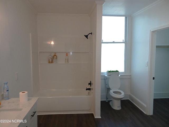 full bathroom featuring vanity, shower / tub combination, wood-type flooring, and toilet