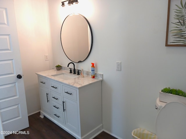 bathroom with vanity, wood-type flooring, and toilet