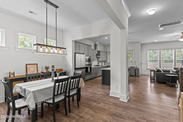 dining area featuring ornamental molding, ceiling fan, a healthy amount of sunlight, and dark hardwood / wood-style flooring