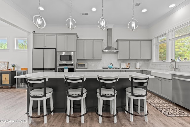 kitchen with wall chimney exhaust hood, a center island, light hardwood / wood-style flooring, and stainless steel appliances