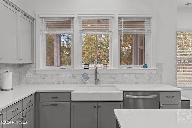 kitchen with sink, a wealth of natural light, gray cabinetry, and dishwasher