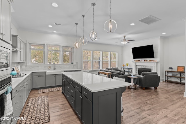 kitchen featuring a high end fireplace, stainless steel appliances, sink, light hardwood / wood-style floors, and a center island