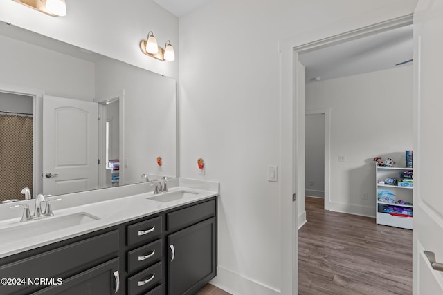 bathroom featuring vanity and hardwood / wood-style floors