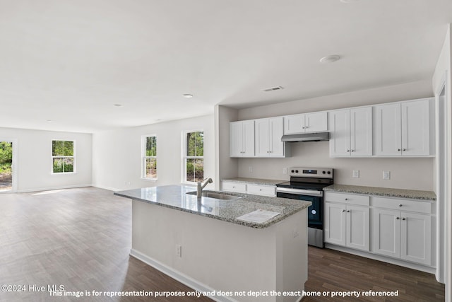 kitchen with white cabinetry, sink, dark hardwood / wood-style floors, an island with sink, and stainless steel electric range