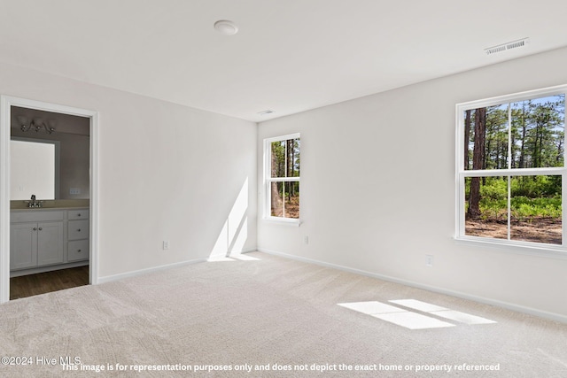 unfurnished bedroom featuring carpet flooring, connected bathroom, and sink