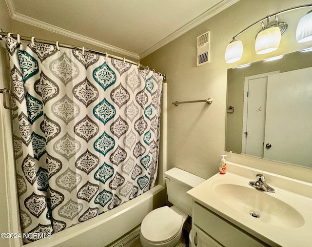 full bathroom featuring vanity, toilet, crown molding, and shower / tub combo with curtain