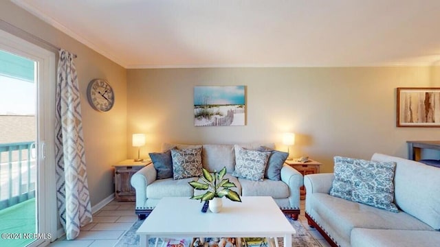 living room featuring crown molding and light tile patterned floors