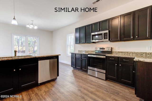 kitchen with a healthy amount of sunlight, stainless steel appliances, wood-type flooring, and decorative light fixtures