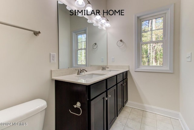 bathroom with vanity, toilet, and tile patterned flooring