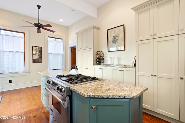 kitchen featuring hardwood / wood-style floors, light stone counters, ceiling fan, stainless steel stove, and a center island