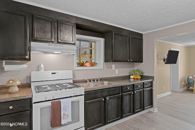 kitchen featuring light hardwood / wood-style floors, crown molding, dark brown cabinetry, and white gas range