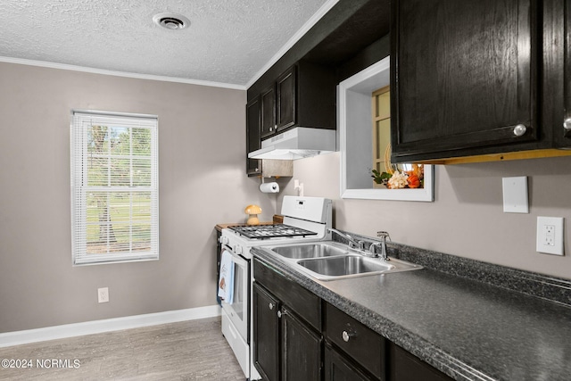 kitchen with ornamental molding, sink, a textured ceiling, light hardwood / wood-style flooring, and white gas range