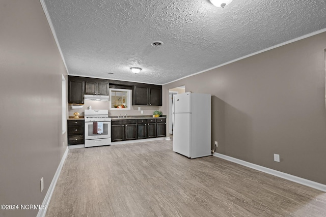 kitchen with dark brown cabinetry, ornamental molding, white appliances, a textured ceiling, and light hardwood / wood-style flooring