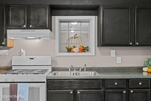 kitchen featuring exhaust hood, sink, and white gas range