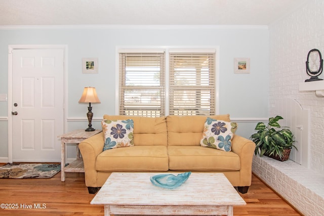 living room featuring crown molding and light wood-style floors