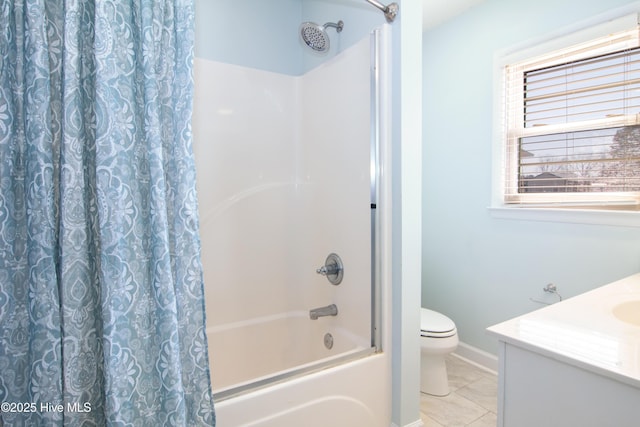 full bathroom featuring tile patterned flooring, toilet, vanity, and shower / tub combo with curtain