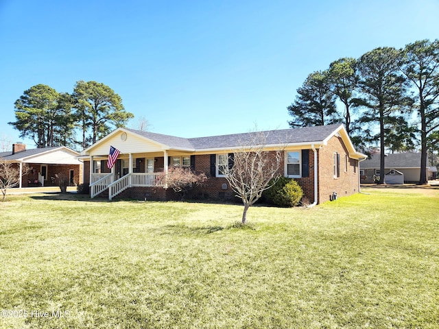 ranch-style house with crawl space, brick siding, covered porch, and a front lawn