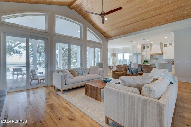 7 S Waterfront Pl, Hampstead, NC 28443 - living area with light wood-style floors, high vaulted ceiling, recessed lighting, wood ceiling, and a ceiling fan