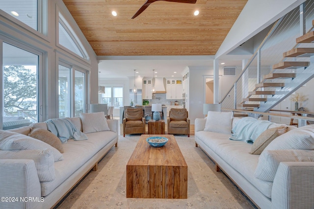 7 S Waterfront Pl, Hampstead, NC 28443 - living room featuring recessed lighting, ceiling fan, visible vents, and wooden ceiling