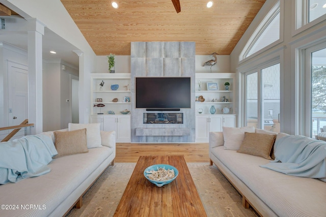 7 S Waterfront Pl, Hampstead, NC 28443 - living room featuring recessed lighting, vaulted ceiling, wood ceiling, and light wood finished floors
