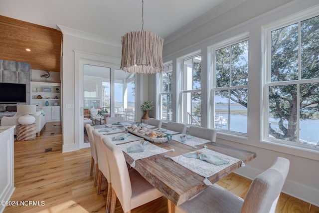 7 S Waterfront Pl, Hampstead, NC 28443 - dining room with light wood-type flooring, ornamental molding, baseboards, and a water view