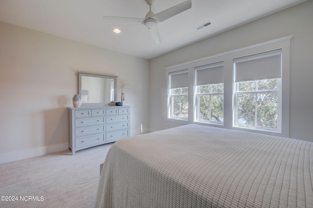 7 S Waterfront Pl, Hampstead, NC 28443 - bedroom featuring a ceiling fan, visible vents, baseboards, light carpet, and recessed lighting