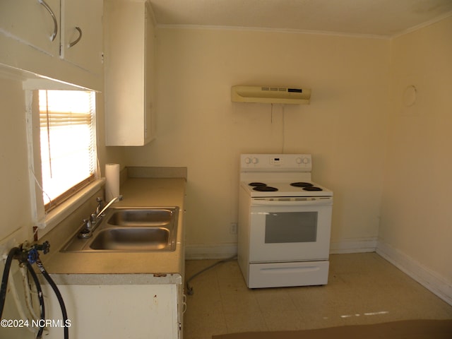 kitchen featuring sink, white range with electric cooktop, white cabinetry, range hood, and crown molding