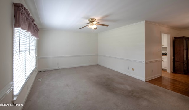 carpeted spare room with ceiling fan and crown molding