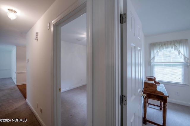 hallway with carpet floors