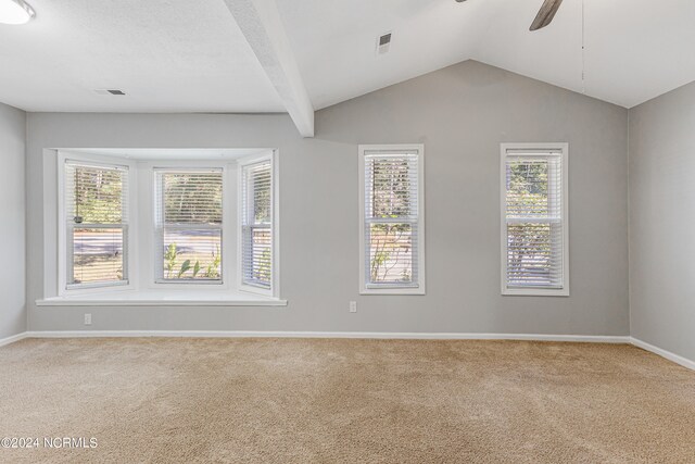 spare room featuring carpet floors, ceiling fan, and vaulted ceiling