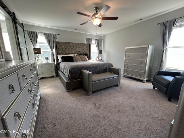 carpeted bedroom featuring ceiling fan, multiple windows, and a barn door