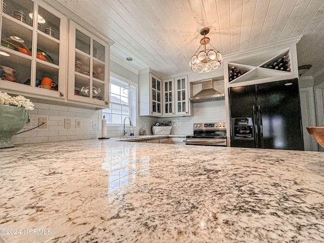 kitchen featuring stainless steel electric range oven, wall chimney range hood, wood ceiling, and decorative light fixtures