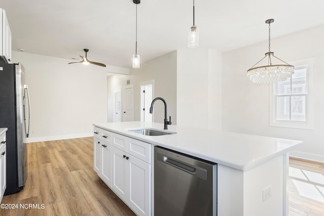 kitchen featuring white cabinetry, a center island with sink, stainless steel appliances, and sink