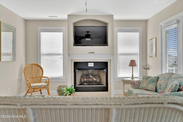 living room with a wealth of natural light and ceiling fan