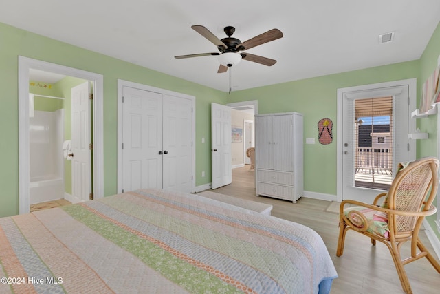 bedroom with connected bathroom, ceiling fan, a closet, and light hardwood / wood-style floors