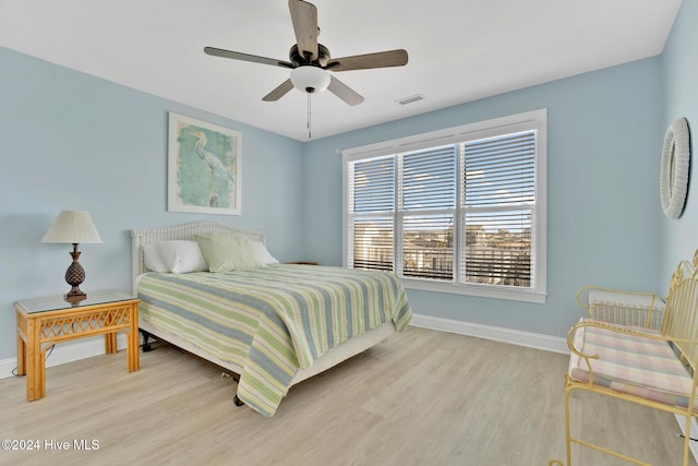 bedroom with ceiling fan and light hardwood / wood-style flooring